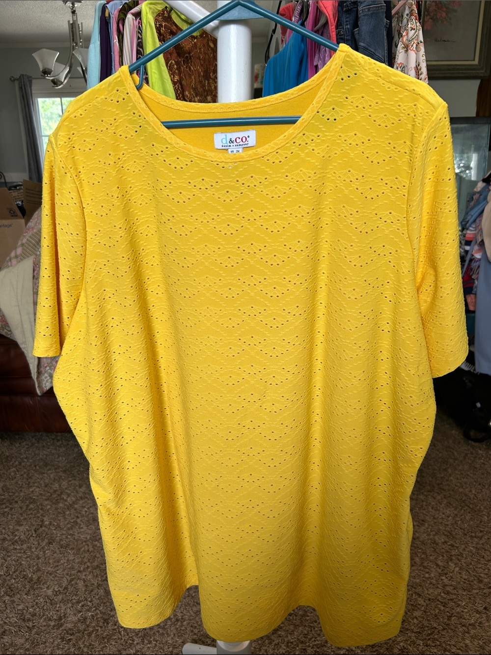 Denim&Co Yellow Eyelet Short Sleeve Tee Size 2X